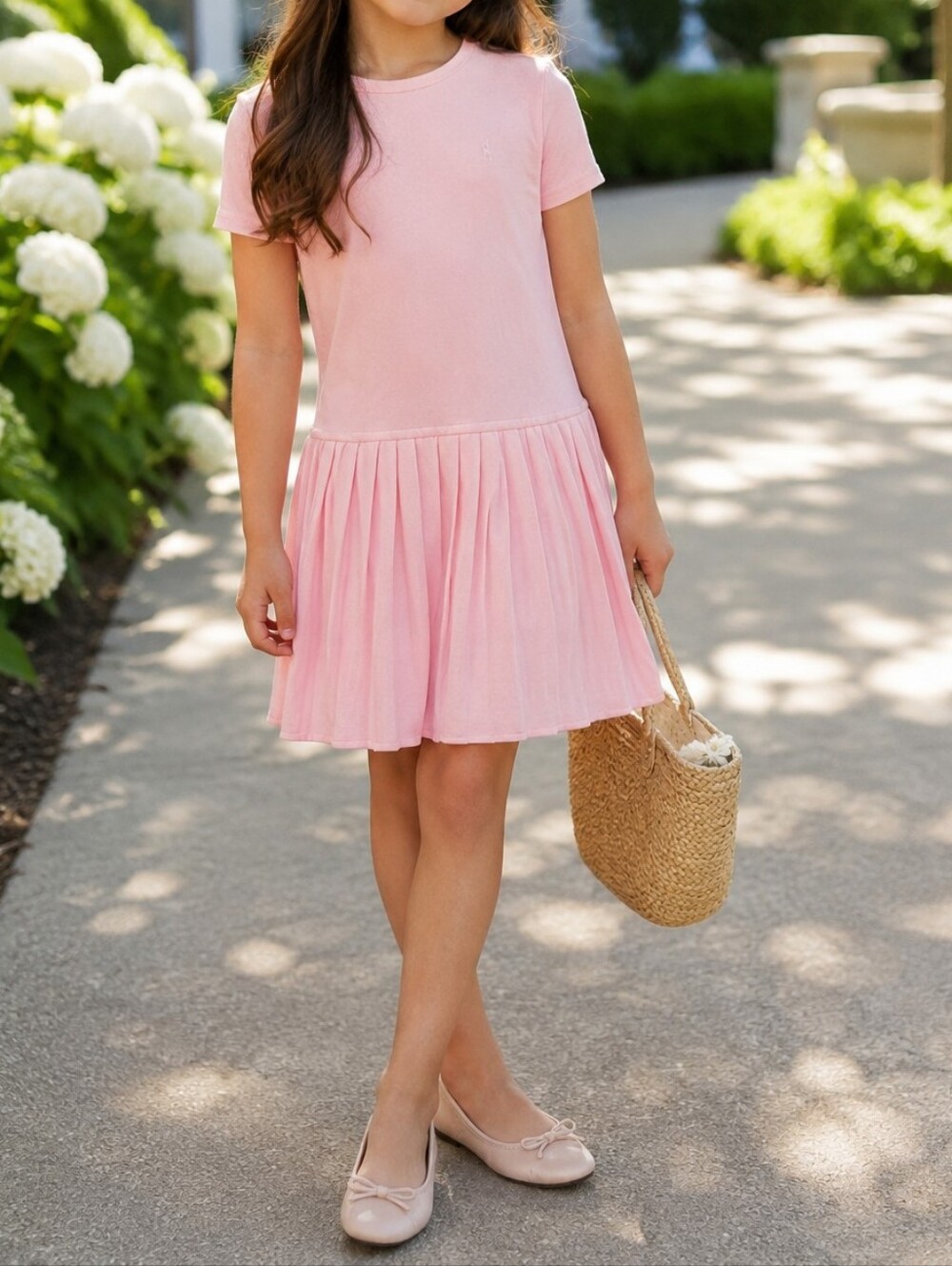Polo Ralph Lauren Girls Pink Pleated Drop Waist Dress Short Sleeve Cotton Blend